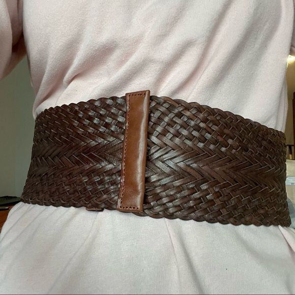 Woven brown leather belt with hooks | S - XS - Picture 6 of 8